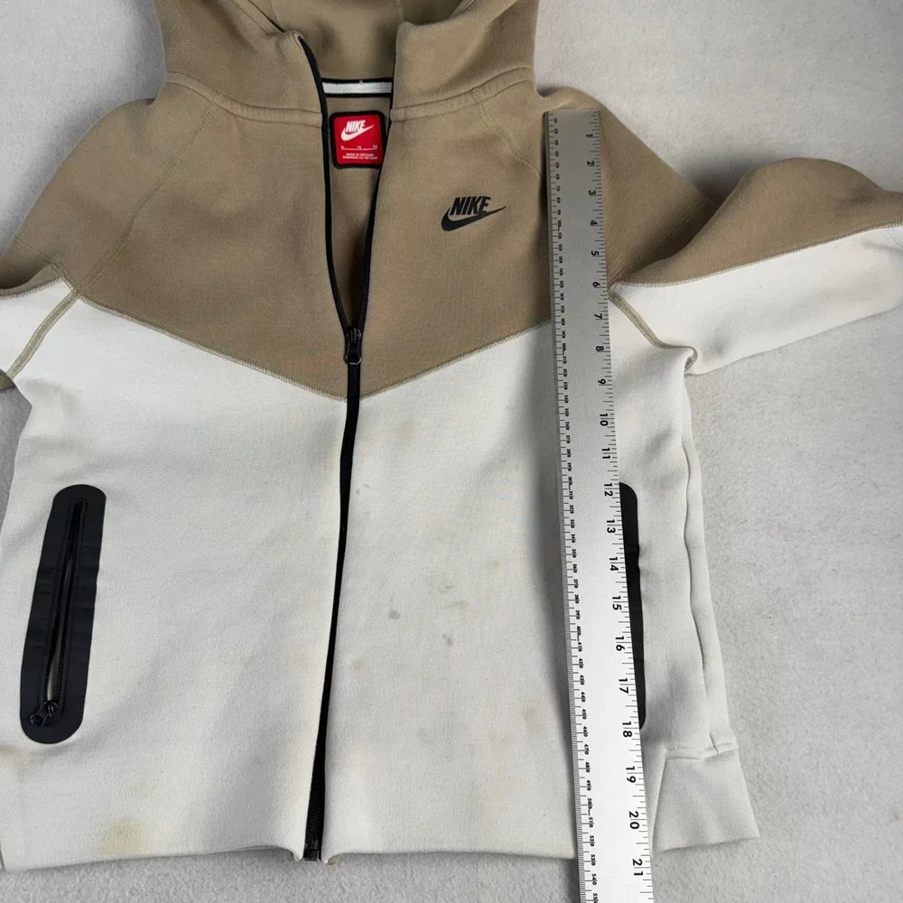 Nike Tech Fleece Full Zip Hoodie Kids XL Khaki White Colorblock CU9223-247